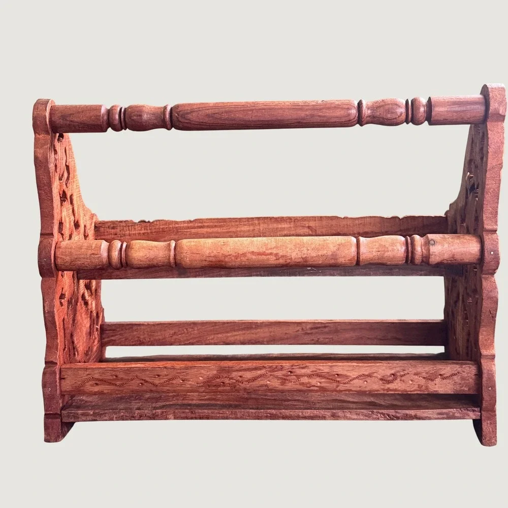 Vintage Carved Wood Magazine Display Rack Floral Leaf Boho